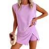 Traje Casual de Moda de Color Puro para Exportación Transfronteriza para Mujer Verano 2025 Nuevo Camiseta de Algodón Puro de Manga Corta Pantalones de Tres Cuartos Dos Piezas
