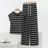 Camiseta de Verão Gola Redonda Calça Longa Roupa de Casa Confortável para Tamanhos Grandes MM Tamanho Grande Conjunto de Pijama de Modal Listrado Feminino Duas Peças