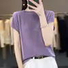 Lã Fina Verão Novo Estilo Gola Redonda Canelado Manga Curta Feminino Pulôver Camiseta Curta Cor Sólida Versátil Top de Tricô