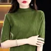 Gola alta canelada cinco mangas femininas primavera/verão versátil temperamento camisa de manga média simples padrão de ondas tricô atacado