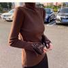 Nuevo Suéter de Punto con Media Cuello Alto Estilo Coreano Otoño e Invierno 2024 para Mujer, Delgado, Manga Larga, Empalmado con Encaje, Camiseta Interior