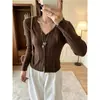 Cárdigan de Punto de Lana Gris Oscuro Estilo Coreano Texturizado de Canalé con Cuello en V para Mujer Manga Larga Versátil Abrigo Ajuste Delgado