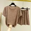 Traje de punto para mujer de verano, cuello redondo, manga corta, hilo floral, pijama suelto, fino, talla grande, shorts, traje casual de dos piezas