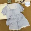 2026 Nuevos Pijamas Dulces y Juveniles con Ribete de Encaje de Manga Corta para Mujer Verano Rayados Ropa de Casa Conjunto de Dos Piezas Venta al por Mayor Transfronteriza