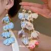 Brincos de Flor de Tecido com Franja e Pérolas para Mulheres Novos Super Fada Doce Gancho de Orelha Moda Versátil Acessórios de Orelha Nicho Sensação de Alto Padrão