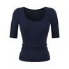 Camiseta Gris de Lyocell Tencel con Cuello en U y Mangas Medias para Mujer 2026 Nuevo Estilo Básico Ajustado Top Versátil