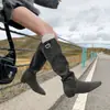 Botas de vaquero occidentales de punta fina con hebilla, retro, que aumentan la altura, para mujer, nuevas de otoño 2026, botas largas apiladas para adelgazar la pierna ancha
