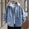 Jaqueta jeans masculina para primavera e outono, nova jaqueta com capuz vintage da moda, camisa de corte solto para adolescentes e estudantes, casual e estilosa