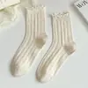 Calcetines de Algodón Puro para Mujer, Calcetines Finos de Media Pantorrilla para Primavera y Verano, Color Sólido, Malla Transpirable, Antiolor, Borde Festoneado, Estilo Universitario, Calcetines Holgados