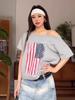 Camiseta de Algodão Puro Manga Curta para Mulheres com Ombro a Ombro Ombro a Ombro Estampada Manga Meia Manga com Ombros Inclinados Estilo de Rua Manga Três Quartos Estilo Americano