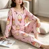 Pijama Delgado de Otoño e Invierno para Mujer, Estilo Dulce Casual, Top de Manga Larga con Cuello Redondo + Pantalones Largos, Conjunto de Ropa para el Hogar Petite
