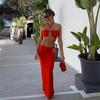 Conjunto de Biquíni Estilo Europeu e Americano com Gola Halter e Fivela de Metal, Maiô Sexy Duas Peças Sem Alças, Roupa de Banho Três Peças para Férias na Praia