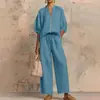 2026 Verano Nuevo Moda Casual Cruzada Europea y Americana para Mujer Holgado Color Sólido Cremallera Cuello Redondo Pantalones de Pierna Ancha Conjunto para Mujer