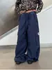 Pantalones Cargo Anchos Sueltos de Estilo Americano de Moda con Cordón y Múltiples Bolsillos para Mujer con Cintura Elástica, Pantalones Casuales con Sentido del Diseño
