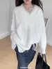 Nueva colección de invierno estilo coreano: cuello simple, borde de encaje, suéter de punto patchwork, talla grande, longitud media, blanco, talla única