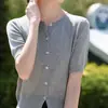 Cardigan de malha novo estilo primavera e verão, 100% algodão, gola redonda, abotoado, manga curta, versão coreana, fino, solto, top modelador, jaqueta estilosa