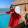 Vestido de Vacaciones en la Playa, Conjunto Rojo de Dos Piezas, Vestido Largo con Volantes, Tejido de Punto, Corte Ajustado, Directo de Fábrica, Tie-Dye