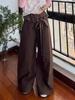 Jeans de Pierna Ancha de Tiro Alto, Holgados, Adelgazantes, de Longitud al Suelo, con Retazos de Encaje a Cuadros Color Café, Estilo Retro Americano, para Mujer