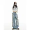 Jeans Lavado Vintage Feminino, Estilo Hong Kong, Perna Larga Solta, Primavera/Outono 2026, Versátil Americano Casual de Linha A Reto