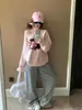 Moletom Feminino Casual Chique Japonês, Manga Longa, Ombro a Ombro, Outono, Versátil, Gola Assimétrica, Manga Longa, Rosa, Peça Leve