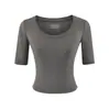 177-Camiseta da moda estilo europeu e americano com gola redonda e manga média para mulheres, nova blusa top base sexy justa para a primavera-verão de 2026