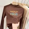 Camisa base de outer wear para meninas em fleece dupla face, nova blusa casual com estampa de desenho animado, camiseta de gola semi-alta, mangas compridas escovadas