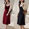 Vestido de tirantes de estilo coreano, suave y elegante, estilo Hong Kong, chic universitario, falso dos piezas, vestido suéter de punto rejuvenecedor para otoño