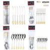 Serie Medio Oriente Paquete de 6 Juego de Cubiertos de Acero Inoxidable Corona Diamante Estrella Chapado en Oro Real Cuchillo Tenedor Cuchara para Comida Occidental Bolsa de PVC