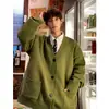 Cárdigan de punto casual estilo coreano con cuello en V para hombre, corte holgado, hombros caídos, color liso, chaqueta suéter casual versátil