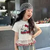 2026 Nuevo Verano Niñas Gato Kt Estampado Cuadros Encaje Top Versátil Moda Elegante Infantil Conjunto de Dos Piezas Tendencia