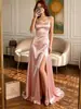 WW030 Europeo y Americano Francés Adelgazante Lujo Ligero Satén Rosa Moldeador de Cintura Elegante Vestido de Noche para Banquete