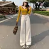 Jeans Branco de Perna Larga com Novo Design de Bolso Aberto para Mulheres Primavera e Outono Cintura Alta Solto Caimento Reto Calças Brancas Longas