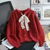 Cárdigan de punto con encaje rojo Design Sense para mujer, otoño e invierno 2024, suave, grueso y encerado.