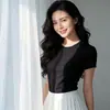 Nueva Camiseta Redonda de Mujer de 220g con Alta Elasticidad, Mangas Cortas Lisas Acanaladas, Hombro Normal, Corte Ajustado, Camiseta Básica de Moda