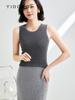 Suéter de punto acanalado de calibre 16 de hilo fino para mujer con cuello redondo, Chaleco base liso de cachemira nueva de ajuste holgado elegante