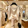 Camisa Elegante Nova de Verão 2026, Perfeita para Ocasiões Importantes, Deslumbrante Top de Cetim com Babados na Cor Champagne para Mulheres