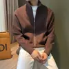 Cárdigan versátil de color liso con cremallera, suéter de punto para hombre, abrigo suéter estilo británico ajustado para otoño/invierno, prenda exterior para hombre con cuello alto, cuello medio alto