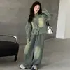 2026 Novo Conjunto Jeans Feminino Estilo Coreano Primavera e Outono Jaqueta Desgastada Retrô Calça de Pernas Largas Conjunto de Duas Peças Estiloso Casual