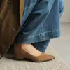 Sapatos de Couro Rasos Femininos de Salto Alto Estilo Minimalista 5cm para o Dia a Dia, Coleção Primavera e Outono 2026, Bico Fino, Salto Bloco, Sem Cadarço