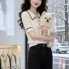 Promoção de Saída Marca Camiseta Manga Curta Color Block Gola Polo Top de Malha Ice Silk para Mulheres Verão