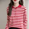 Camisa básica estilosa de algodão puro tricotado, nova para primavera e outono, com listras, gola polo, modelagem solta e casual, de manga longa, para mulheres