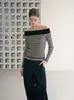 Top de punto a rayas con retazos de color contrastante, hombros descubiertos, manga larga para mujer, diseño de otoño, estilo nicho, adecuado para superponer 8224