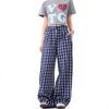 Azul marino Cuadros Relajados Pierna Ancha Pantalones Casuales para Mujer Verano Cintura Media Sueltos Diseño de Botones Rectos Pantalones Largos