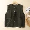 Colete de veludo cotelê com gola redonda para mulheres, solto, versátil, artístico, retrô, bolso duplo, top regata de veludo canelado para mulheres