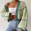 Top corto a rayas estilo europeo y americano de Amazon, novedad de otoño/invierno para mujer con bloques de color, cárdigan suéter de punto casual