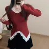 Otoño e Invierno Nuevo Estilo Francés Elegante Puro Deseo Sexy Retro Ribete de Encaje Ajustado Camiseta Base de Punto