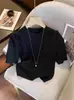 Camiseta de Punto con Hilo de Alma, Diseño de Rombos, Manga Corta, Cuello Redondo, para Mujer, Nueva de Primavera 2025, Top Dulce, Camiseta Básica