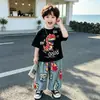 Ropa de Verano para Niños Tendencia Fresca Nuevo Estilo Niños Verano Versión Coreana Dinosaurio Manga Corta Pantalones Anchos Finos Conjunto para Niños Grandes Niños Niños