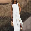 2026 Novo Verão Amazon Europeu e Americano Simples Roupas Femininas Confortável 8 Cores Gola Redonda Sem Manga Fenda Cor Sólida Vestido