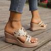 Zapatillas de verano 2024 con diamantes de imitación de talla grande para mujer, calzado exterior, sandalias de cuña de tacón medio y suela gruesa